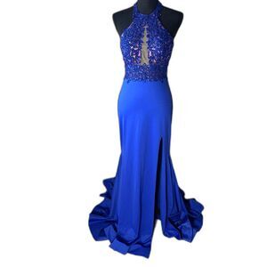 1006 Size 6 Morilee royal blue illusion halter gown mermaid slit train backless